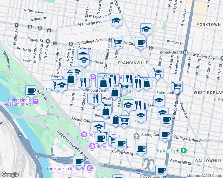 map of restaurants, bars, coffee shops, grocery stores, and more near 713 North 20th Street in Philadelphia