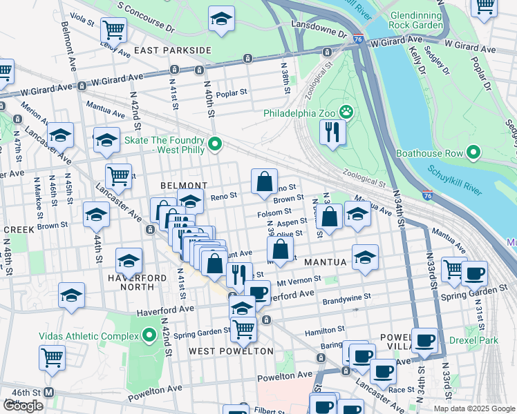 map of restaurants, bars, coffee shops, grocery stores, and more near 3914 Brown Street in Philadelphia