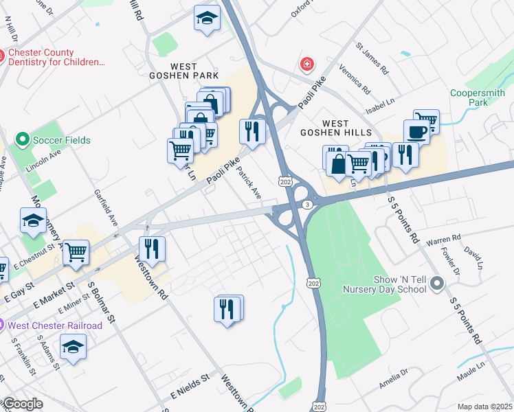 map of restaurants, bars, coffee shops, grocery stores, and more near 1 Patrick Avenue in West Chester