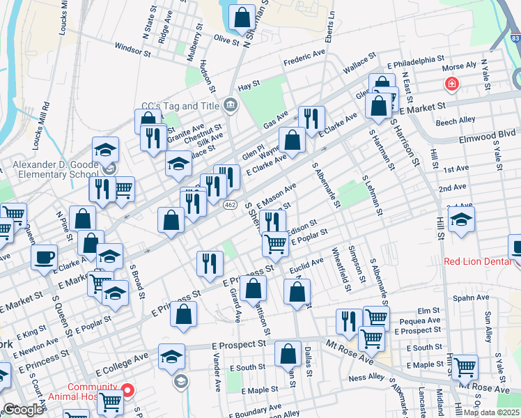map of restaurants, bars, coffee shops, grocery stores, and more near 807 Donnelly Street in York