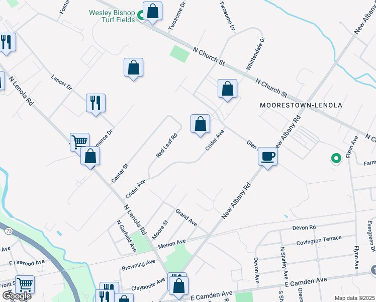 map of restaurants, bars, coffee shops, grocery stores, and more near 357 Crider Avenue in Moorestown