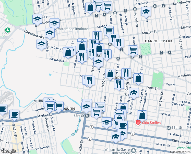 map of restaurants, bars, coffee shops, grocery stores, and more near 6243 Vine Street in Philadelphia