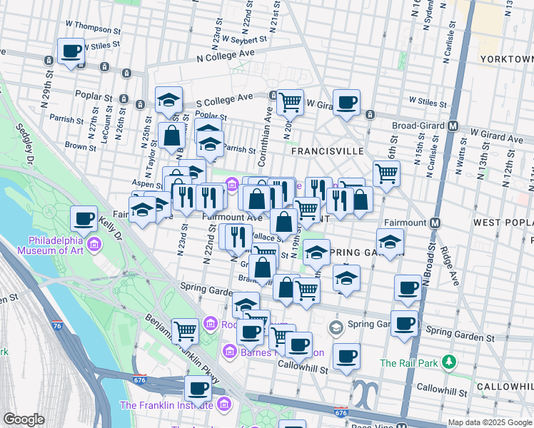 map of restaurants, bars, coffee shops, grocery stores, and more near 713 North Capitol Street in Philadelphia