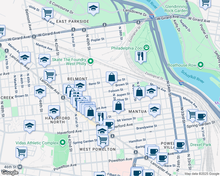 map of restaurants, bars, coffee shops, grocery stores, and more near 3910 Brown Street in Philadelphia