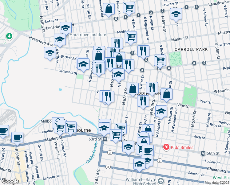 map of restaurants, bars, coffee shops, grocery stores, and more near 6243 Vine Street in Philadelphia