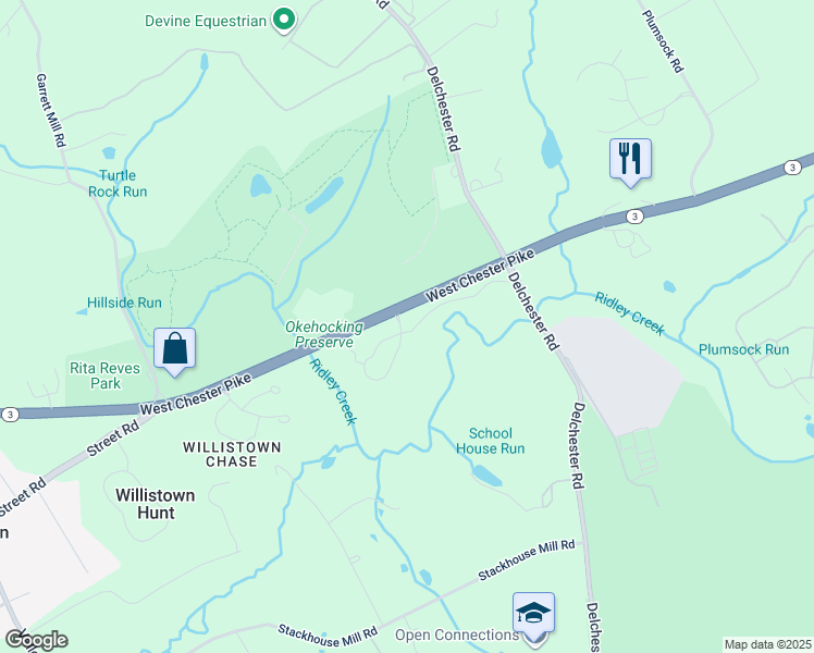 map of restaurants, bars, coffee shops, grocery stores, and more near 702 Whispering Brooke Drive in Newtown Square