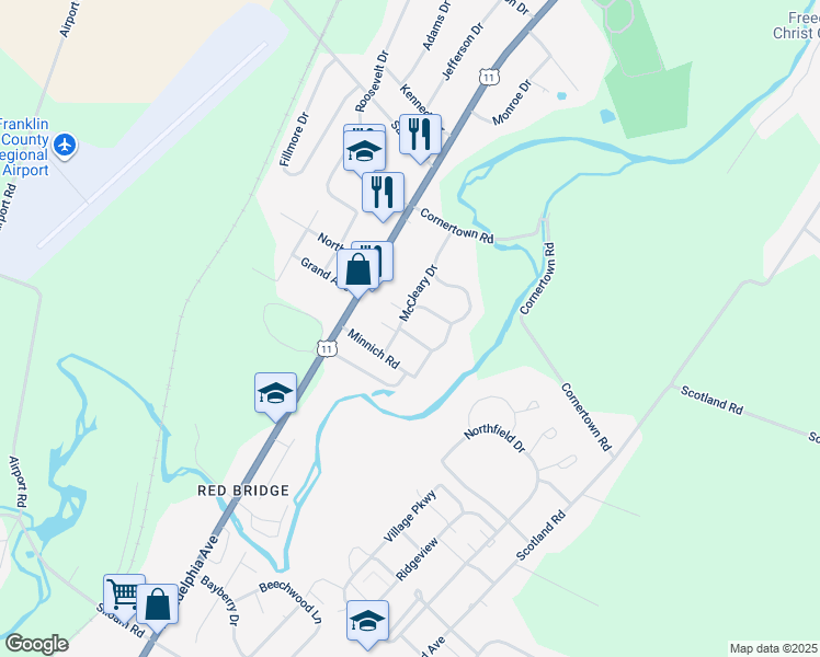 map of restaurants, bars, coffee shops, grocery stores, and more near 73 Brookmeadow Lane in Chambersburg