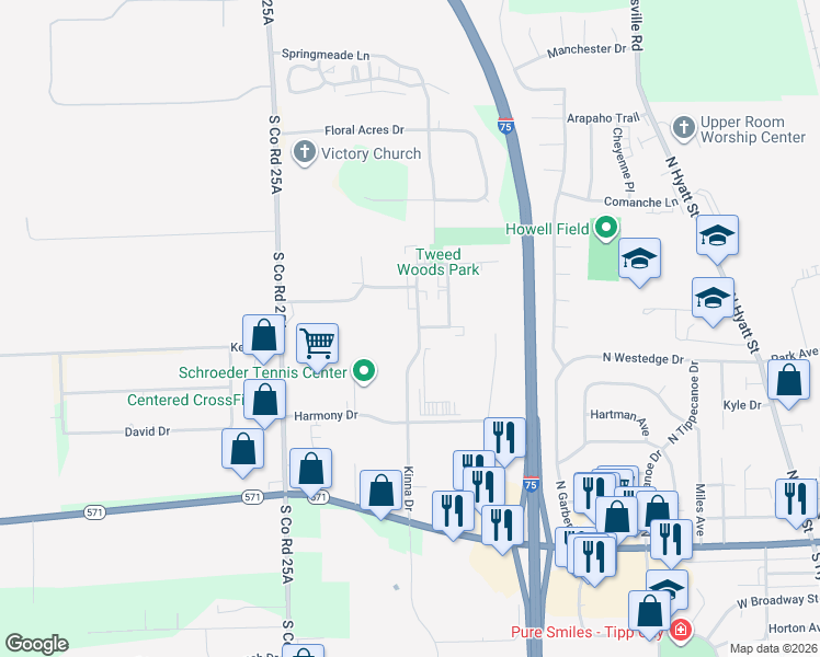 map of restaurants, bars, coffee shops, grocery stores, and more near 601 Larch Street in Tipp City