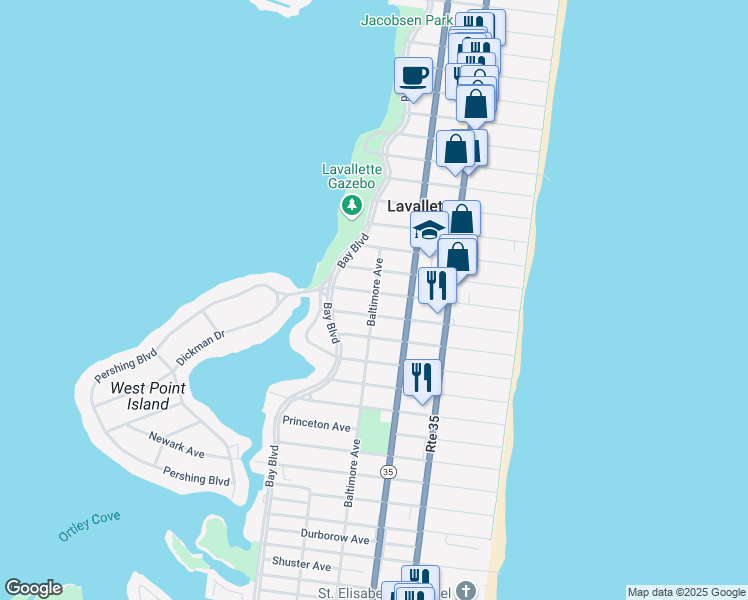 map of restaurants, bars, coffee shops, grocery stores, and more near 1502 Baltimore Avenue in Lavallette