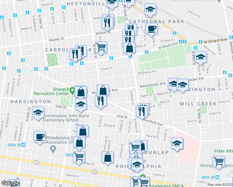 map of restaurants, bars, coffee shops, grocery stores, and more near 5336 Westminster Avenue in Philadelphia