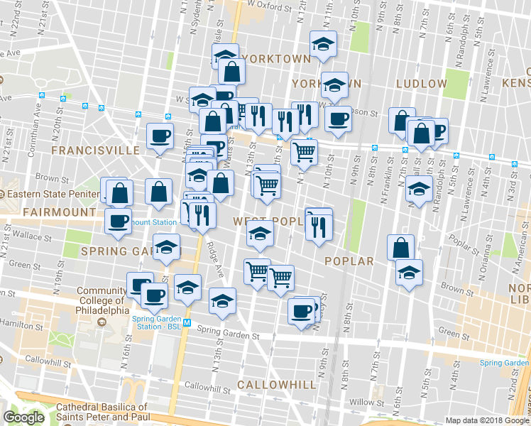 map of restaurants, bars, coffee shops, grocery stores, and more near 808 North 12th Street in Philadelphia