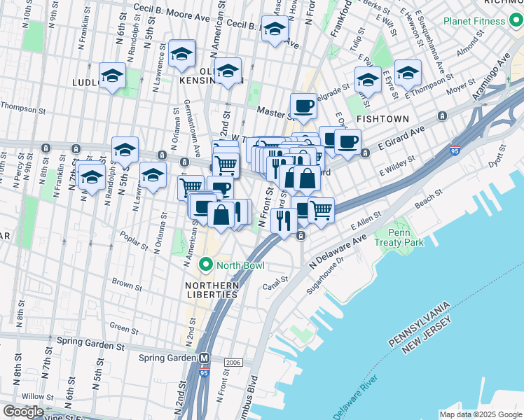 map of restaurants, bars, coffee shops, grocery stores, and more near 1101 North Front Street in Philadelphia