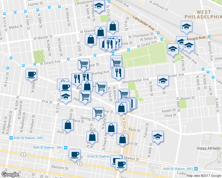 map of restaurants, bars, coffee shops, grocery stores, and more near 437 North 53rd Street in Philadelphia