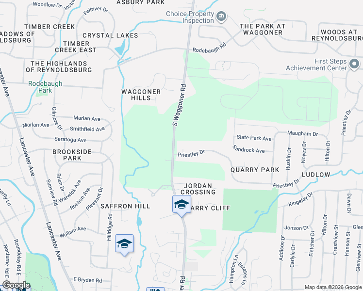 map of restaurants, bars, coffee shops, grocery stores, and more near 7732 Priestley Drive in Reynoldsburg