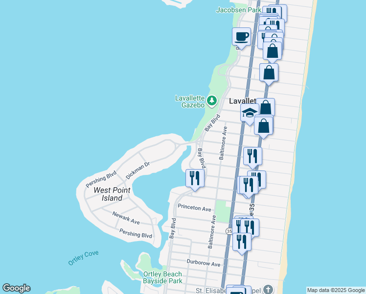 map of restaurants, bars, coffee shops, grocery stores, and more near 2 Pershing Boulevard in Lavallette