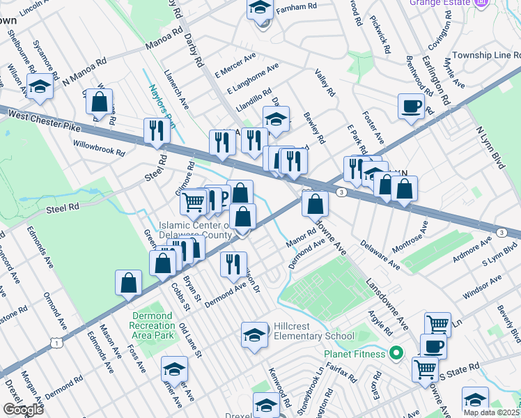 map of restaurants, bars, coffee shops, grocery stores, and more near 116 Township Line Road in Havertown