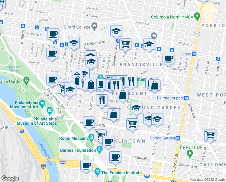 map of restaurants, bars, coffee shops, grocery stores, and more near 2017 Fairmount Avenue in Philadelphia