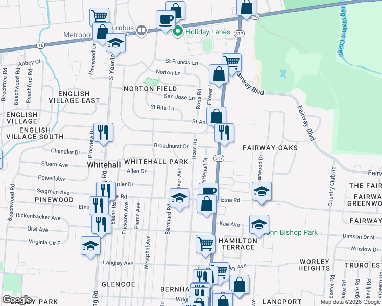 map of restaurants, bars, coffee shops, grocery stores, and more near 387 Ross Road in Whitehall