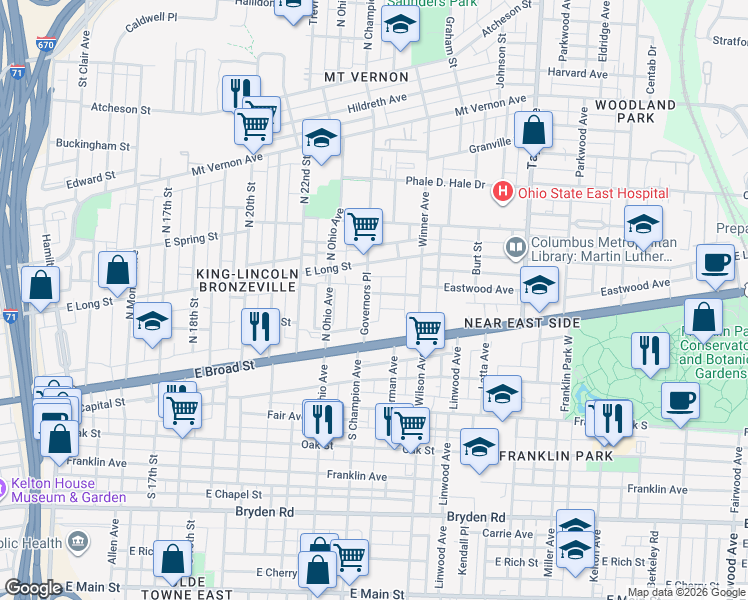 map of restaurants, bars, coffee shops, grocery stores, and more near 66-68 Governors Place in Columbus