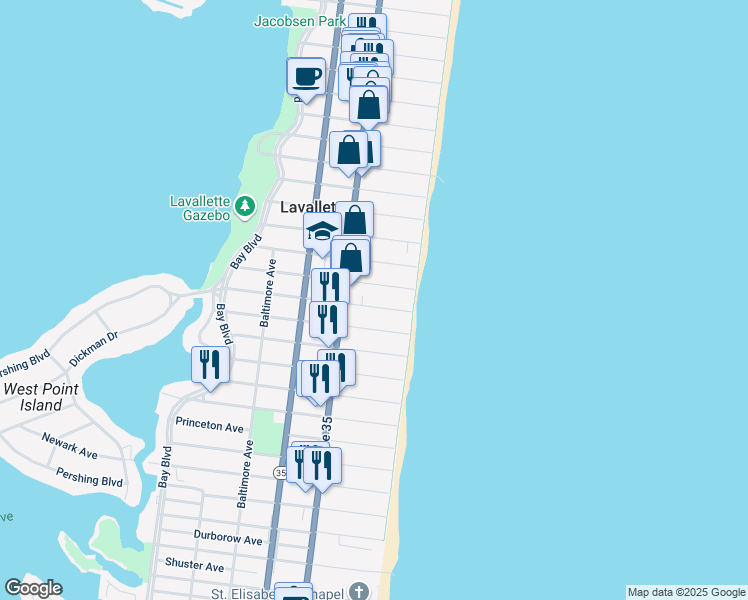 map of restaurants, bars, coffee shops, grocery stores, and more near 19 New Brunswick Avenue in Lavallette