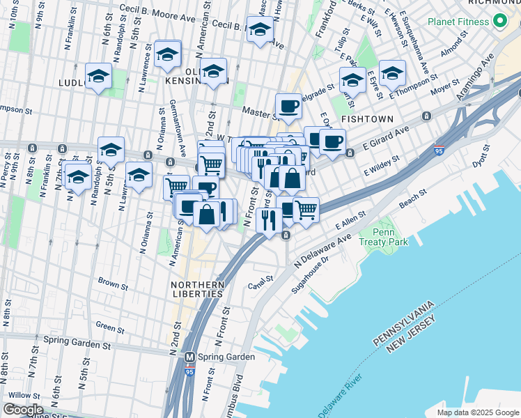 map of restaurants, bars, coffee shops, grocery stores, and more near 1107 North Lee Street in Philadelphia
