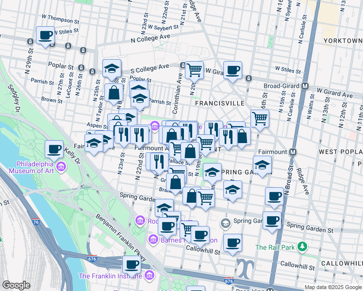map of restaurants, bars, coffee shops, grocery stores, and more near 2001 Fairmount Avenue in Philadelphia