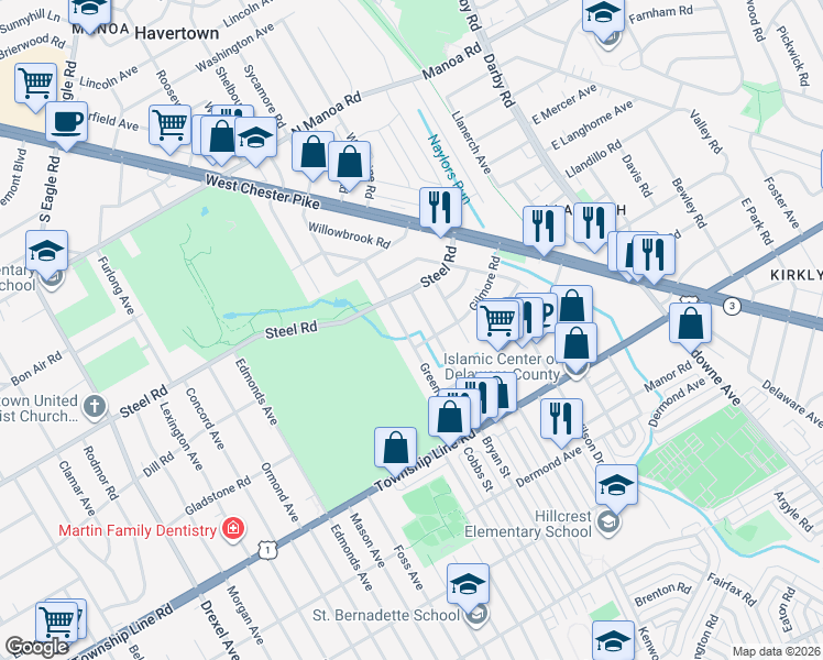 map of restaurants, bars, coffee shops, grocery stores, and more near 405 Greenview Lane in Havertown