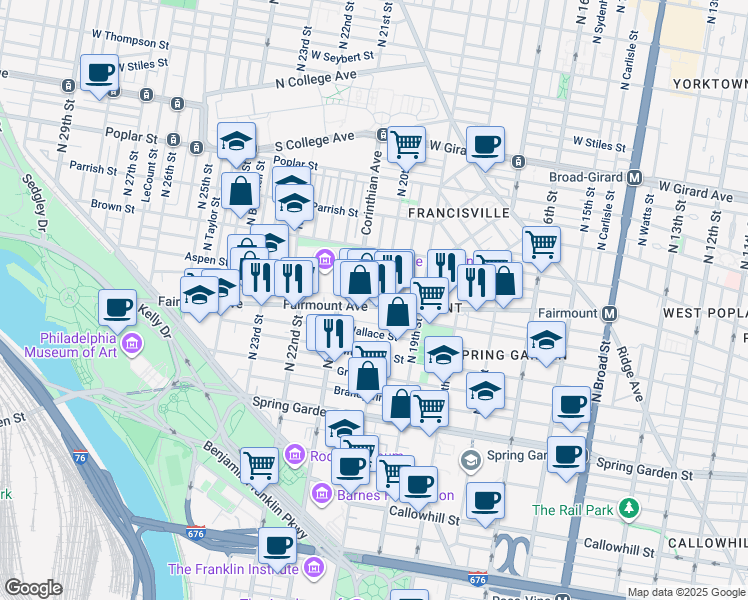 map of restaurants, bars, coffee shops, grocery stores, and more near 713 North Capitol Street in Philadelphia