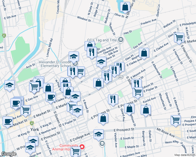 map of restaurants, bars, coffee shops, grocery stores, and more near 54 North State Street in York