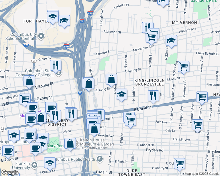 map of restaurants, bars, coffee shops, grocery stores, and more near 792 East Long Street in Columbus