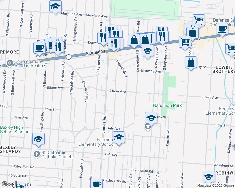 map of restaurants, bars, coffee shops, grocery stores, and more near 214 South Ashburton Road in Columbus