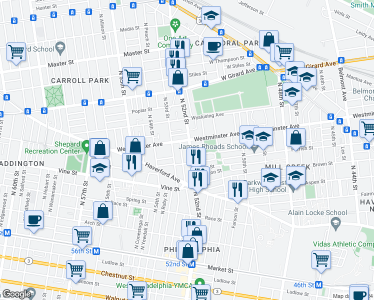 map of restaurants, bars, coffee shops, grocery stores, and more near 434 North 52nd Street in Philadelphia
