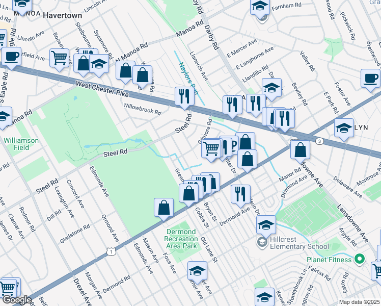 map of restaurants, bars, coffee shops, grocery stores, and more near 350 Richland Avenue in Havertown