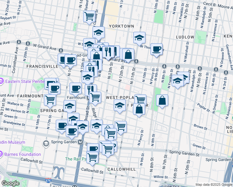 map of restaurants, bars, coffee shops, grocery stores, and more near 808 North 12th Street in Philadelphia