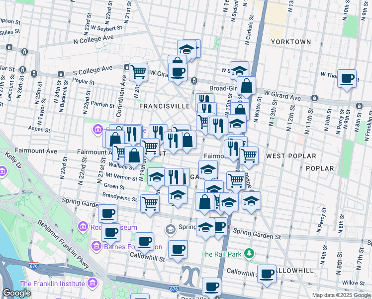 map of restaurants, bars, coffee shops, grocery stores, and more near 709 North 17th Street in Philadelphia