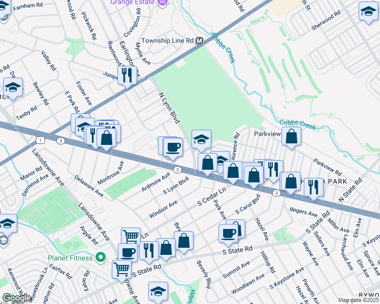map of restaurants, bars, coffee shops, grocery stores, and more near 54 Hillside Avenue in Delaware County