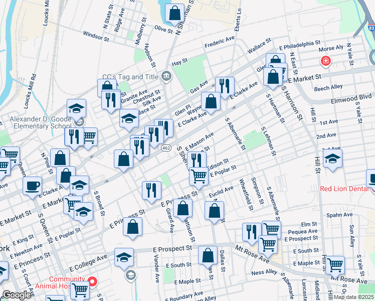 map of restaurants, bars, coffee shops, grocery stores, and more near 807 Donnelly Street in York