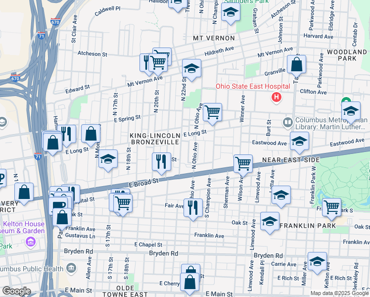 map of restaurants, bars, coffee shops, grocery stores, and more near 88 North 22nd Street in Columbus