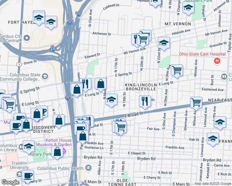 map of restaurants, bars, coffee shops, grocery stores, and more near 905 East Long Street in Columbus