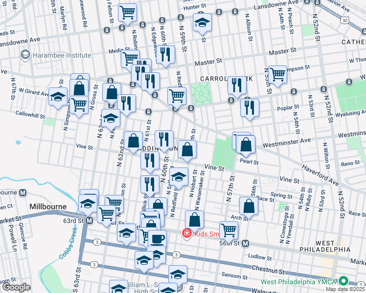 map of restaurants, bars, coffee shops, grocery stores, and more near 346 North Redfield Street in Philadelphia