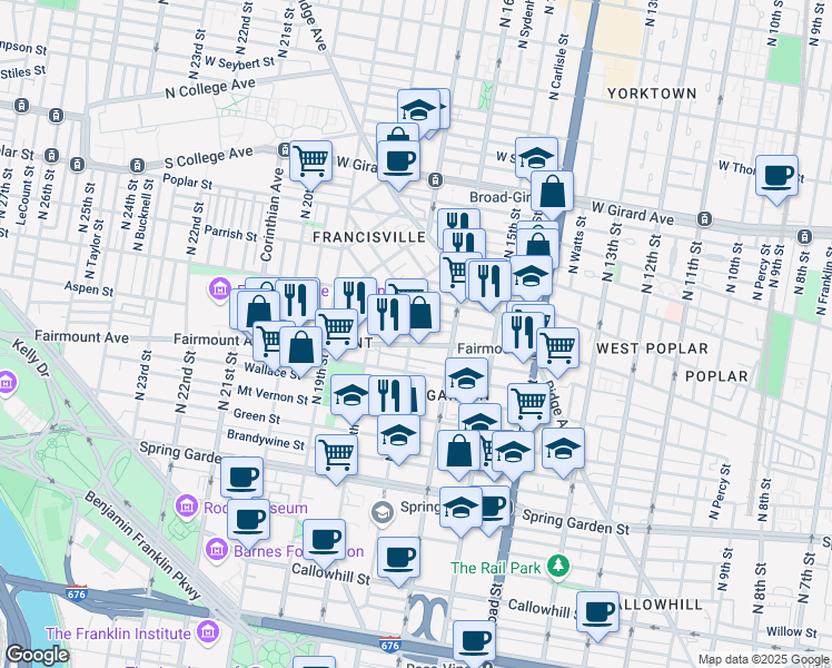 map of restaurants, bars, coffee shops, grocery stores, and more near 709 North 17th Street in Philadelphia