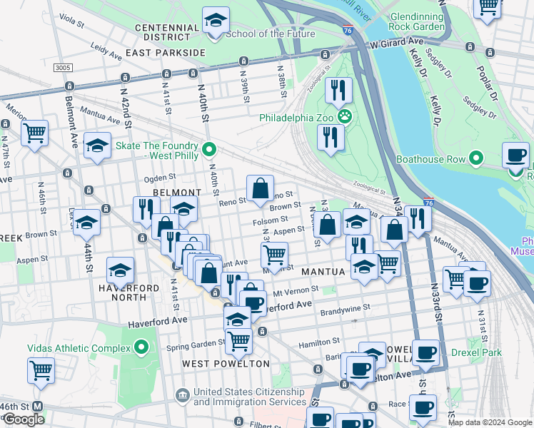 map of restaurants, bars, coffee shops, grocery stores, and more near 763 North 39th Street in Philadelphia