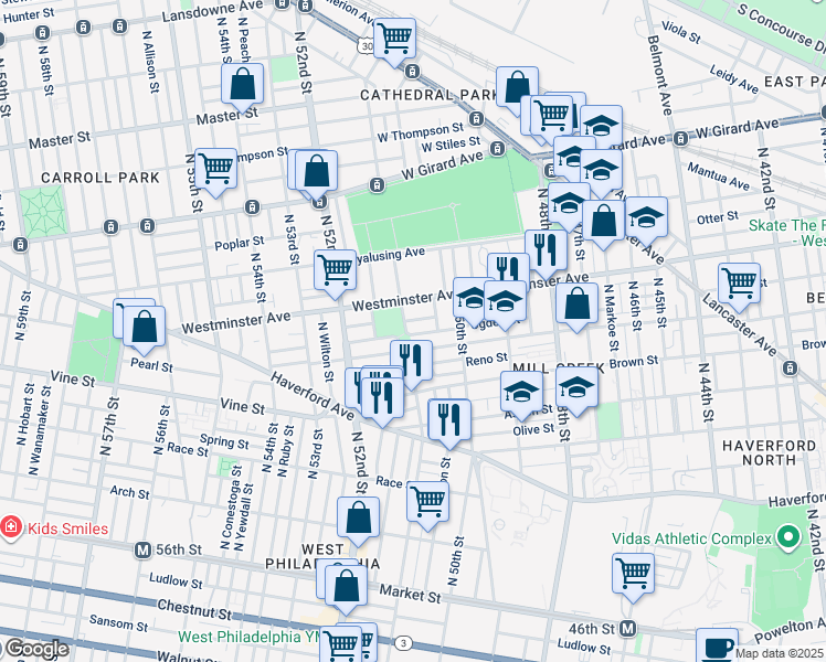 map of restaurants, bars, coffee shops, grocery stores, and more near 5069 Ogden Street in Philadelphia