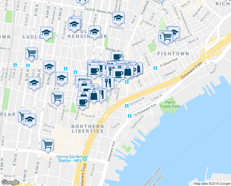 map of restaurants, bars, coffee shops, grocery stores, and more near 1107 North Lee Street in Philadelphia