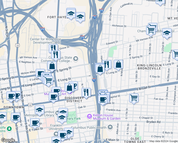 map of restaurants, bars, coffee shops, grocery stores, and more near 158 Kiefer Avenue in Columbus