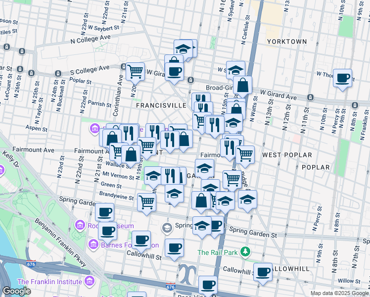map of restaurants, bars, coffee shops, grocery stores, and more near 1640 Olive Street in Philadelphia
