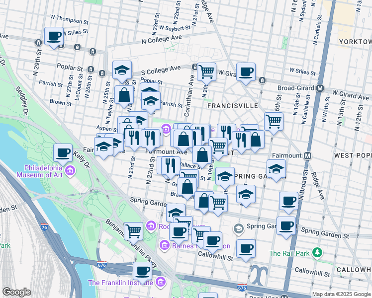 map of restaurants, bars, coffee shops, grocery stores, and more near 2017 Fairmount Avenue in Philadelphia