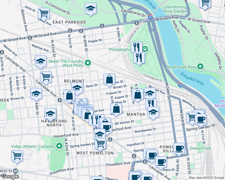 map of restaurants, bars, coffee shops, grocery stores, and more near 763 North 39th Street in Philadelphia