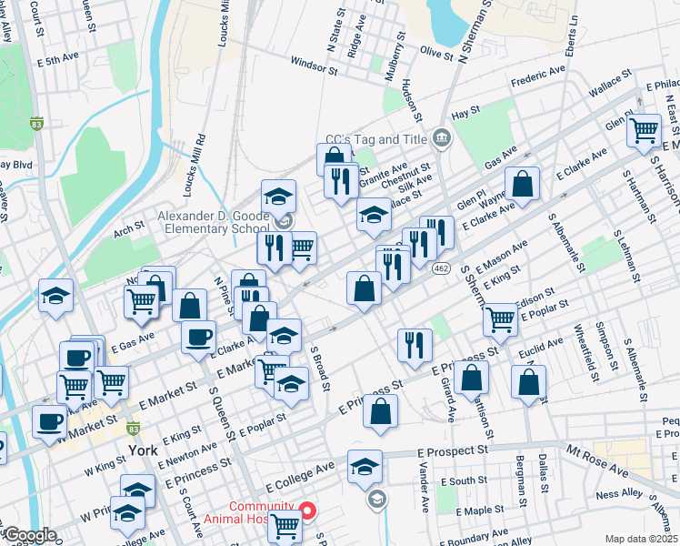 map of restaurants, bars, coffee shops, grocery stores, and more near 504 East Philadelphia Street in York