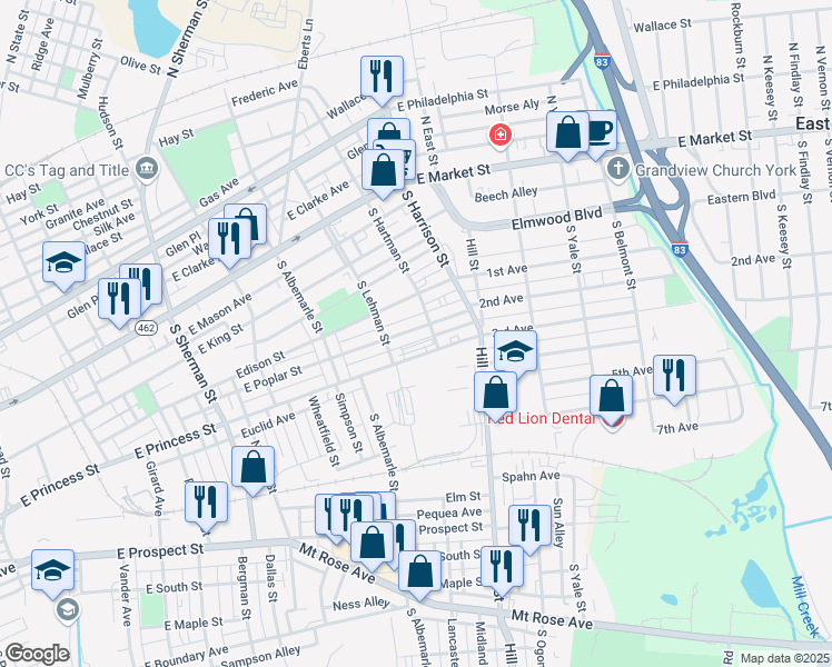 map of restaurants, bars, coffee shops, grocery stores, and more near 1138 East Poplar Street in York